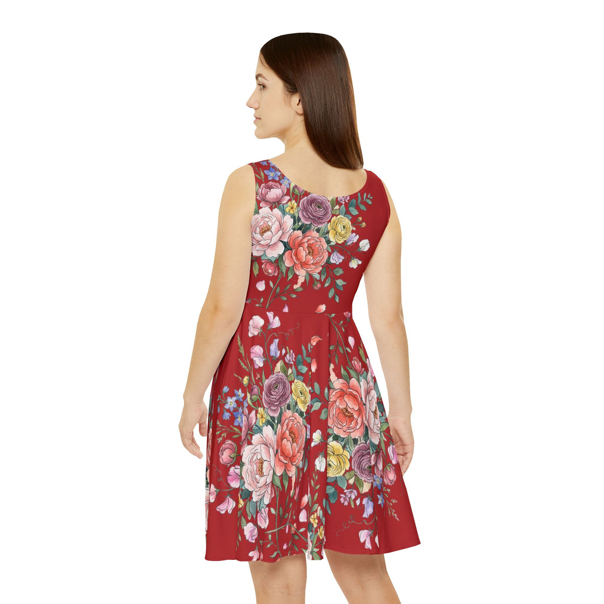 Floral Red Skater Dress — Vintage Rose All-Over Print