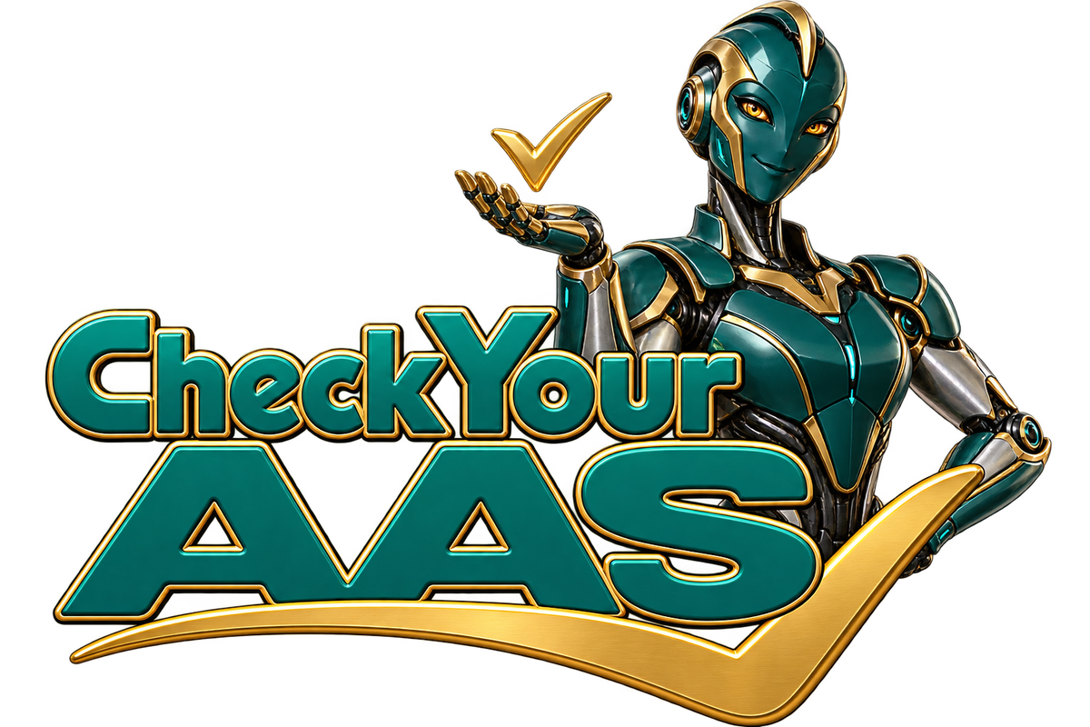 Check Your AAS — teal and gold robot presenting a checkmark